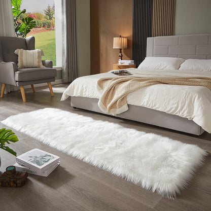AMTOVO Faux Fur Rug, White Ultra Soft Fluffy Shag Sheepskin Rug, 2 x 6 ft Runner Area Rugs for