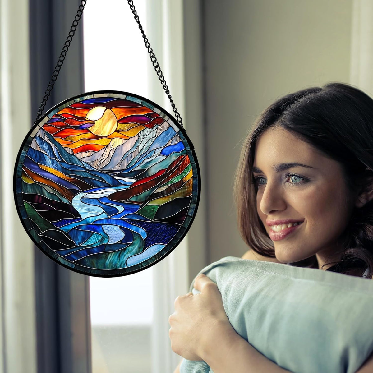 Stained Glass Window Hanging, Canyon Mountains Sunset View Sun Catcher for Window Home Decor