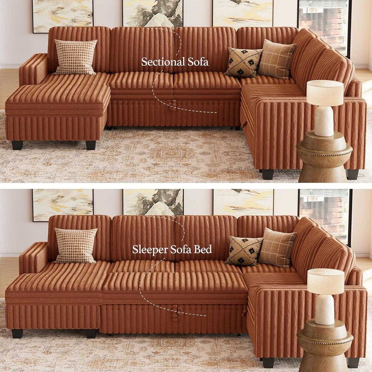 Belffin Corduroy Sleeper Sofa Bed with Storage Chaise Modular Sectional Sofa Couch with Pull Out