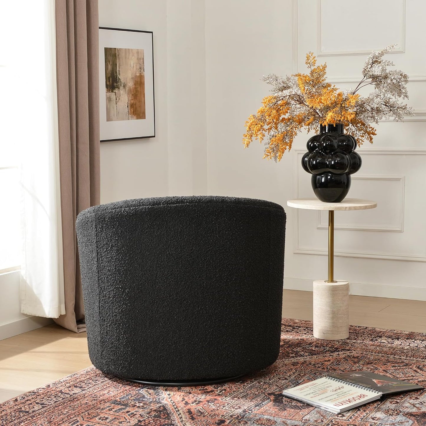 KINWELL 34" W Mid Century Modern Swivel Barrel Chair, Round Upholstered Boucle Swivel Accent
