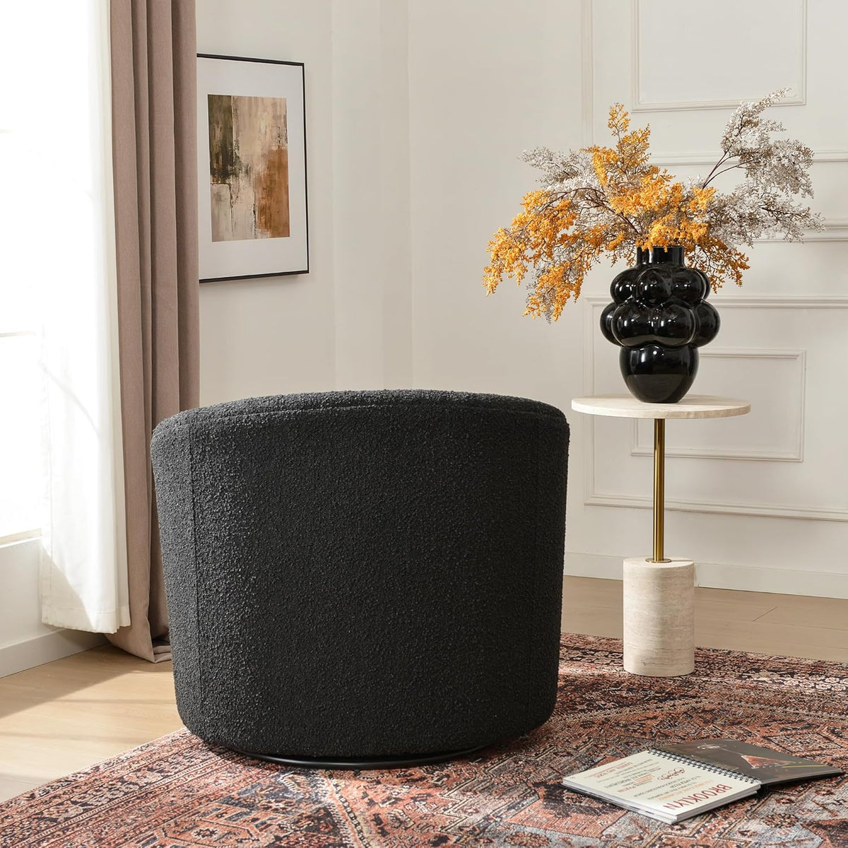 KINWELL 34" W Mid Century Modern Swivel Barrel Chair, Round Upholstered Boucle Swivel Accent