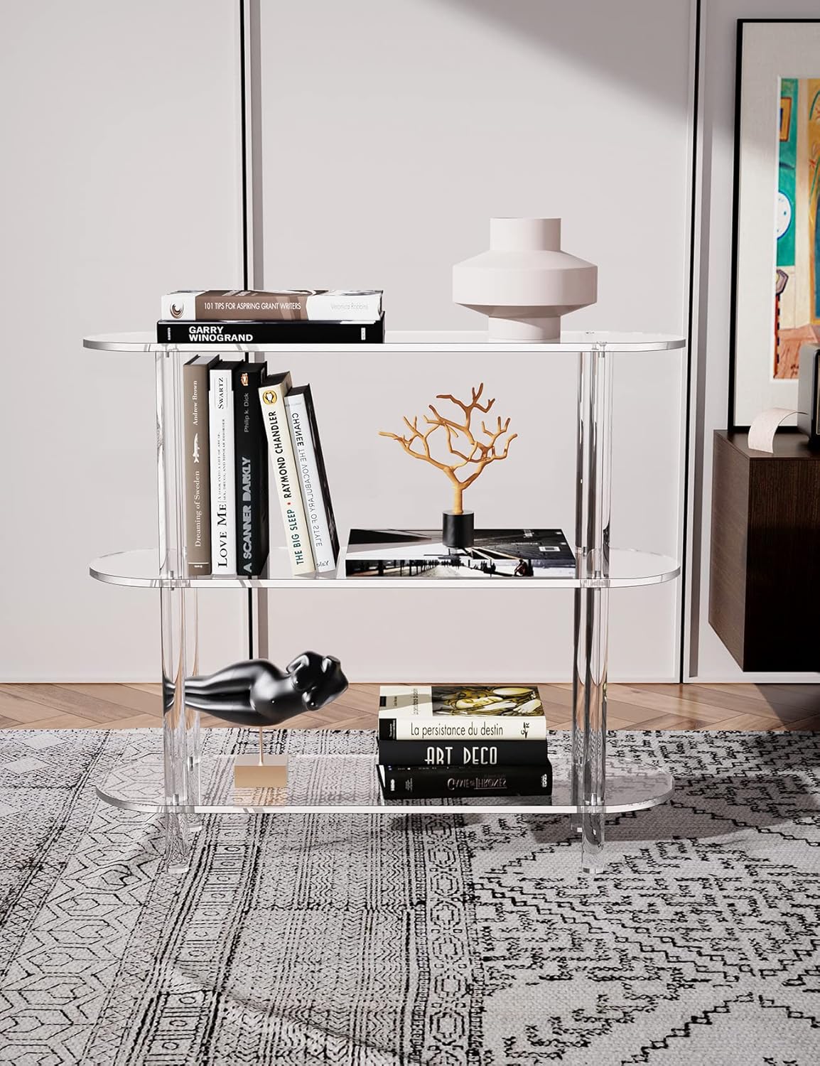 Clear Bookshelf, Acrylic Bookcase with Open Book Shelf Console Table for Entryway Office Living