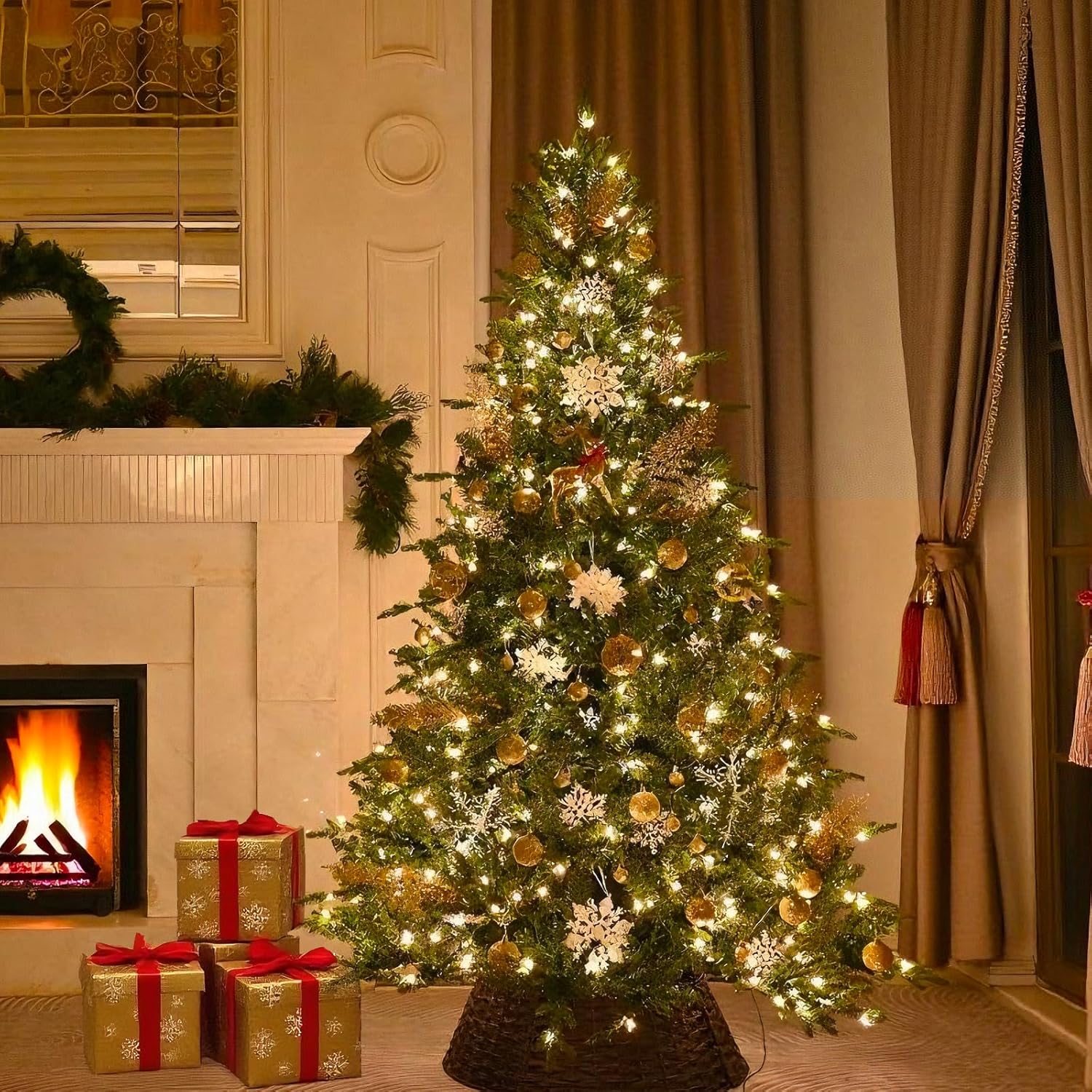 6FT Pre-Lit Artificial Christmas Tree with 1458 PE&PVC Mixed Branch Tips, 400 Warm White Lights