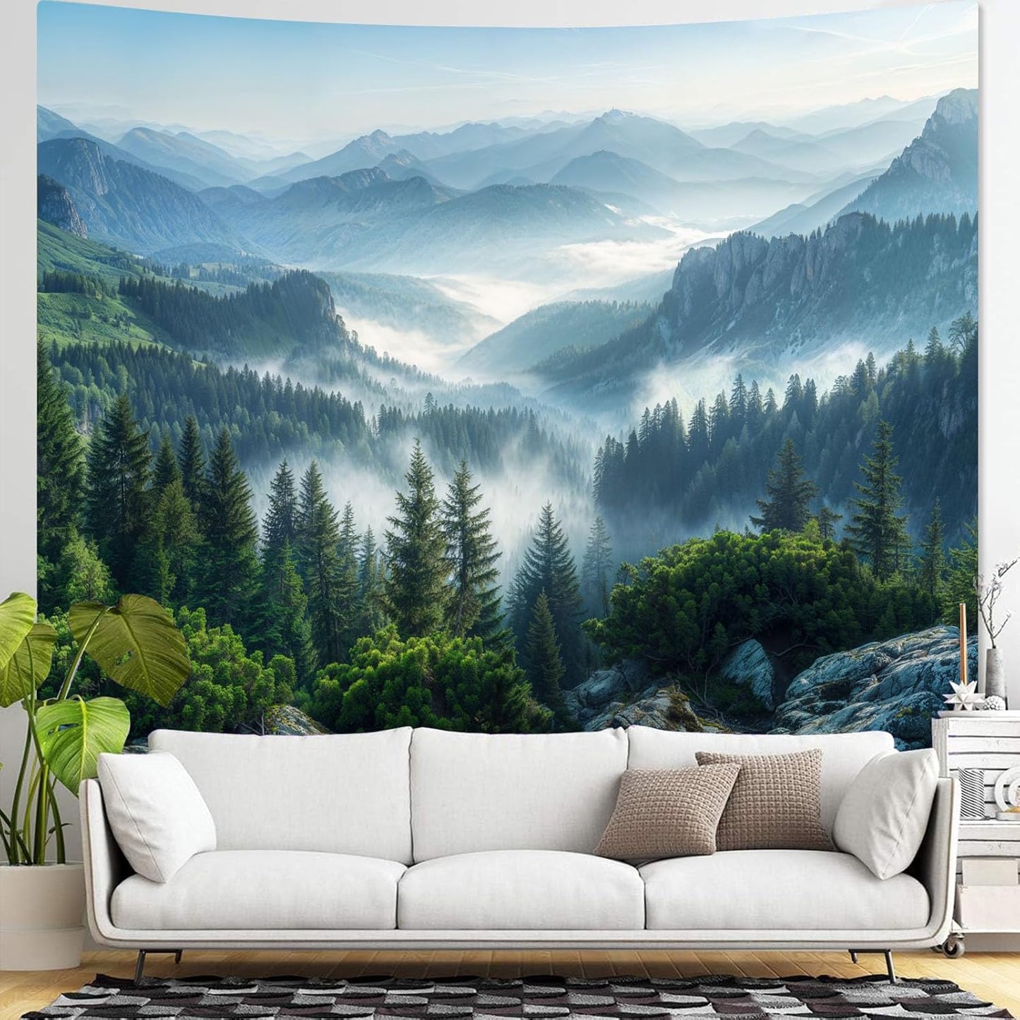 AMM Nature Forest Mountain Tapestry Green Misty Pine Tree Tapestry for Bedroom Aesthetic Foggy