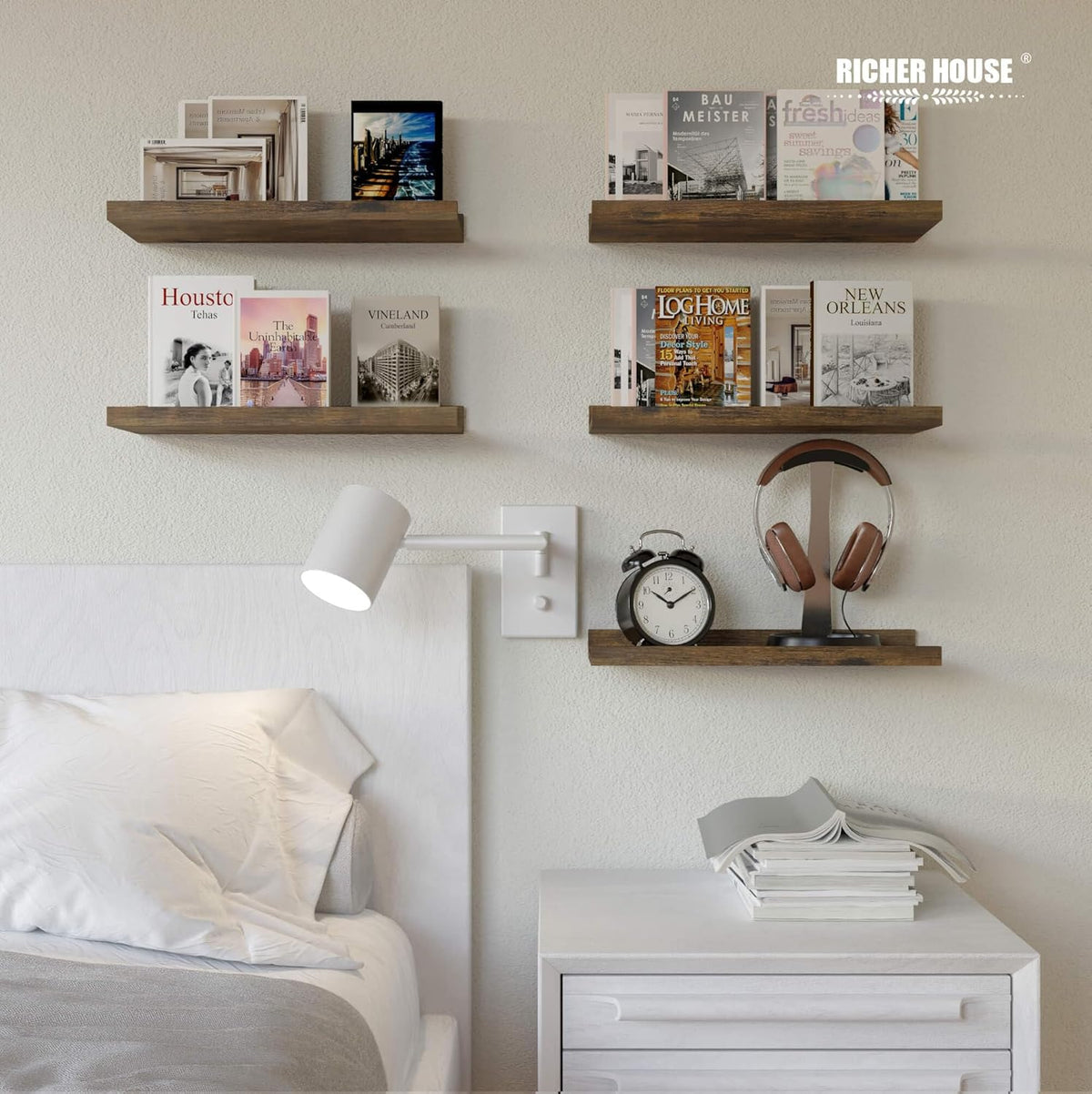 RICHER HOUSE 8 Set Floating Wall Mounted Shelves, Nursery Hanging Book Shelves with Lip for