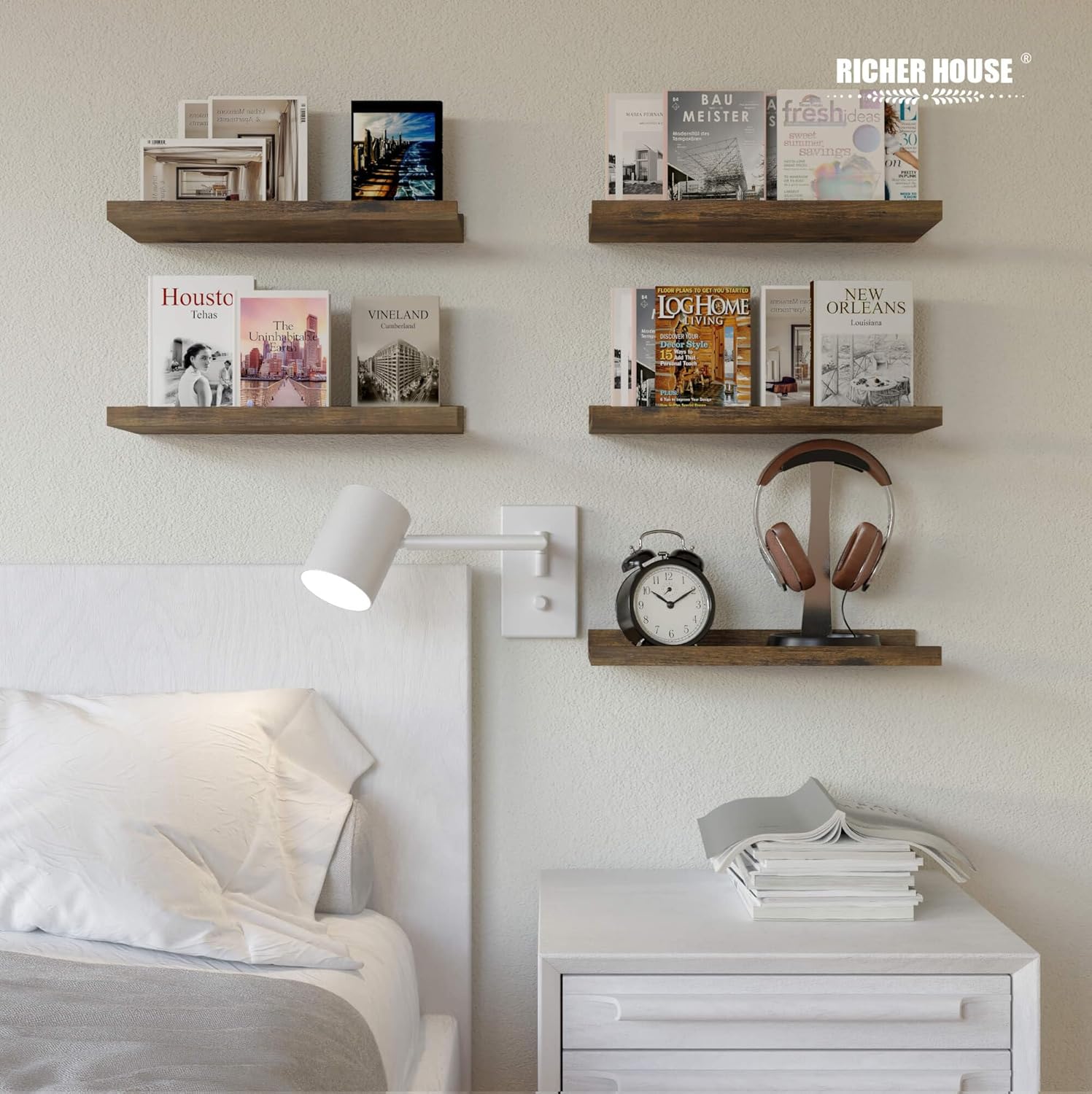RICHER HOUSE 8 Set Floating Wall Mounted Shelves, Nursery Hanging Book Shelves with Lip for
