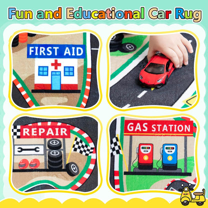 Kids Rug, Race Track Baby Play Mats, Realistic 3D Cascading Surround Route, 6x9 Ft Kids Rug for
