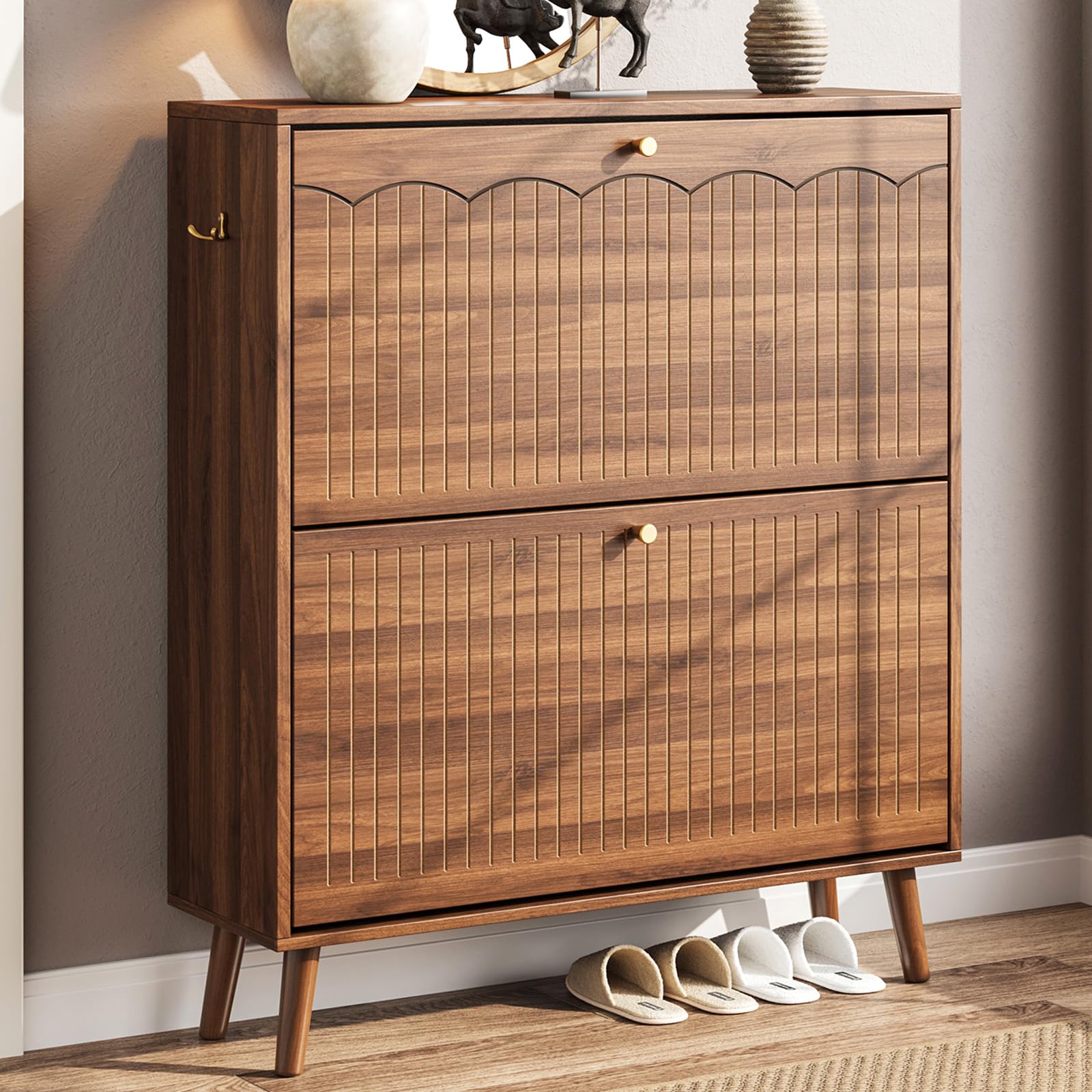 Nicetree Mid-Century Modern Slim Shoe Cabinet for Entryway, 9.5" Narrow Shoe Storage Cabinet with