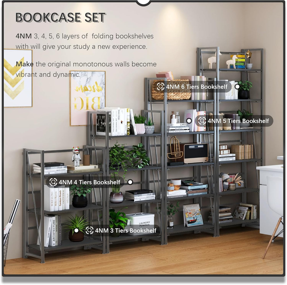 4NM No Assembly Foldable Bookshelf, 6-Shelf Collapsible Bookcase Storage for Small Spaces, 74" H