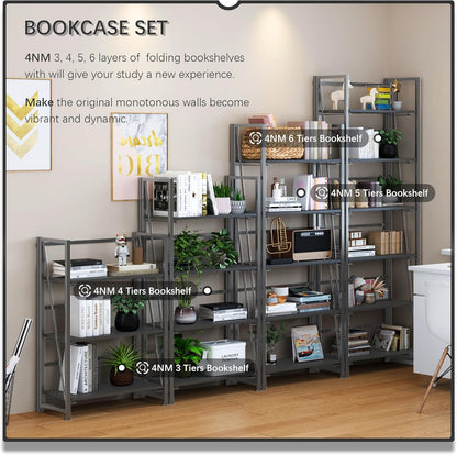 4NM No Assembly Foldable Bookshelf, 6-Shelf Collapsible Bookcase Storage for Small Spaces, 74" H