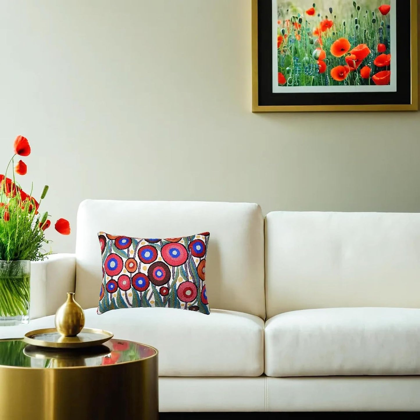 Cream Lumbar Poppy Floral Pillow Cover Red Poppies Flower Pillows White Farmhouse Chair Cushion