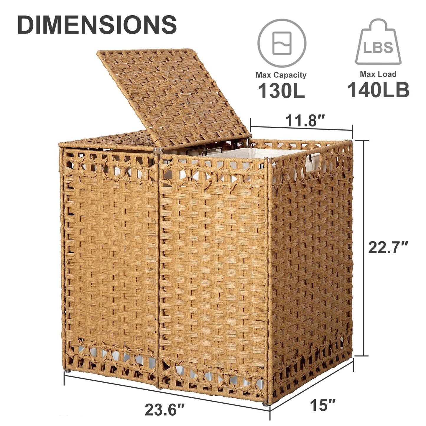 130L Foldable Laundry Hamper with Lid - Handwoven Rattan Storage Basket, 2-Section Clothes Hamper