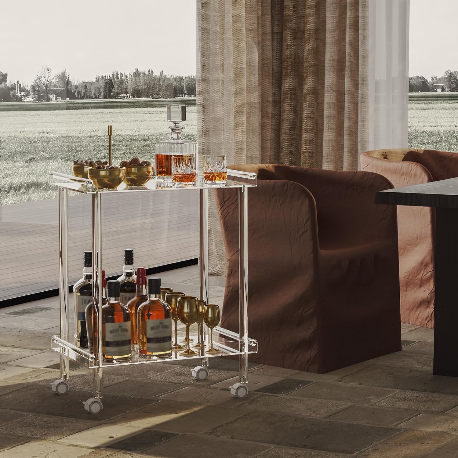 HMYHUM Acrylic Bar Cart, Rolling Serving Cart with 4 Lockable Wheels for The Home Bar, Kitchen