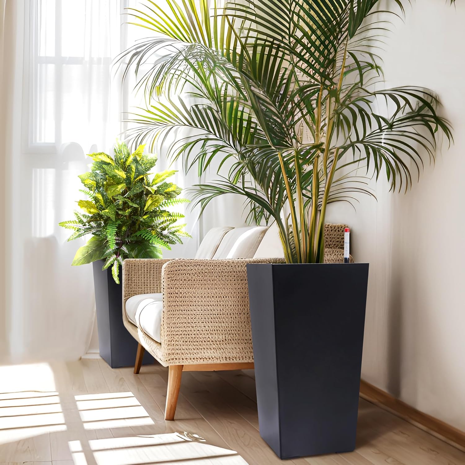 22.5" Tall Planters Set of 2, Outdoor＆Indoor Black Planter Pots, High Front Porch Planter Pots with