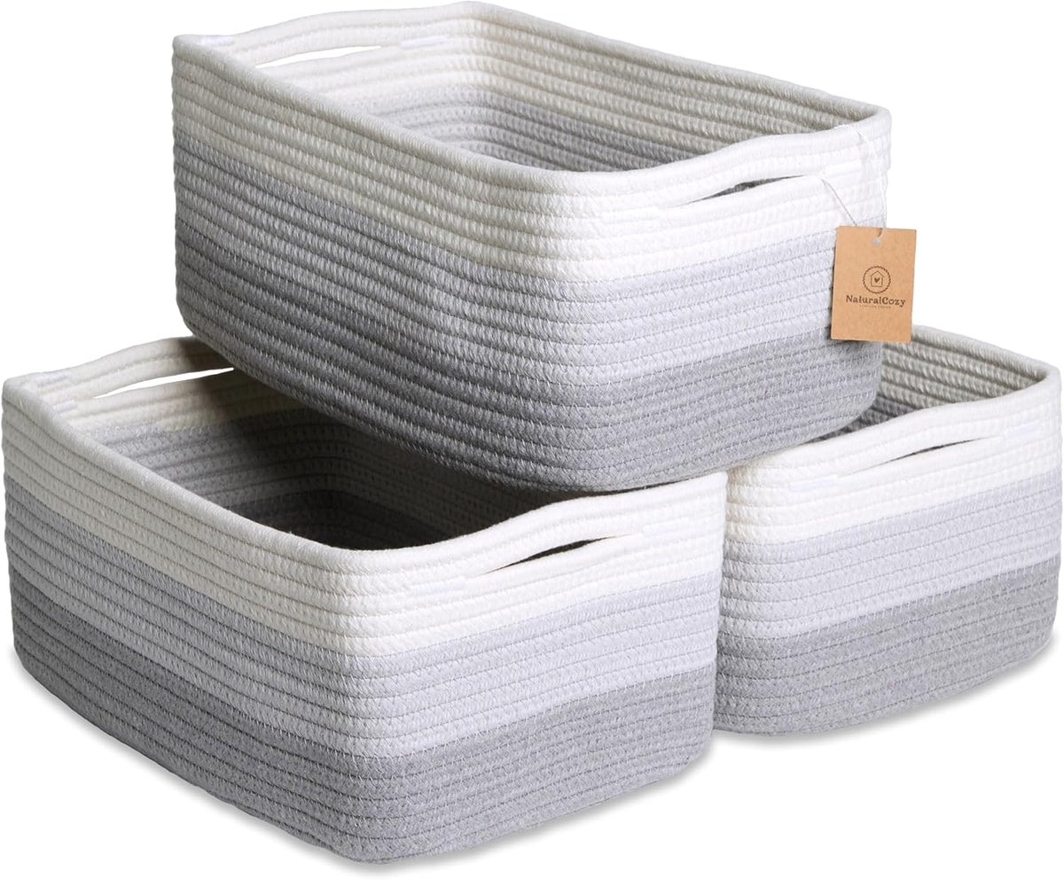NaturalCozy 13.5”x8.5”x5.5” Rectangle Storage Baskets for Shelves 3 Pack | Cotton Rope Woven Small