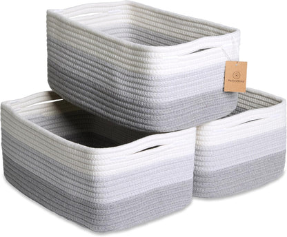 NaturalCozy 13.5”x8.5”x5.5” Rectangle Storage Baskets for Shelves 3 Pack | Cotton Rope Woven Small