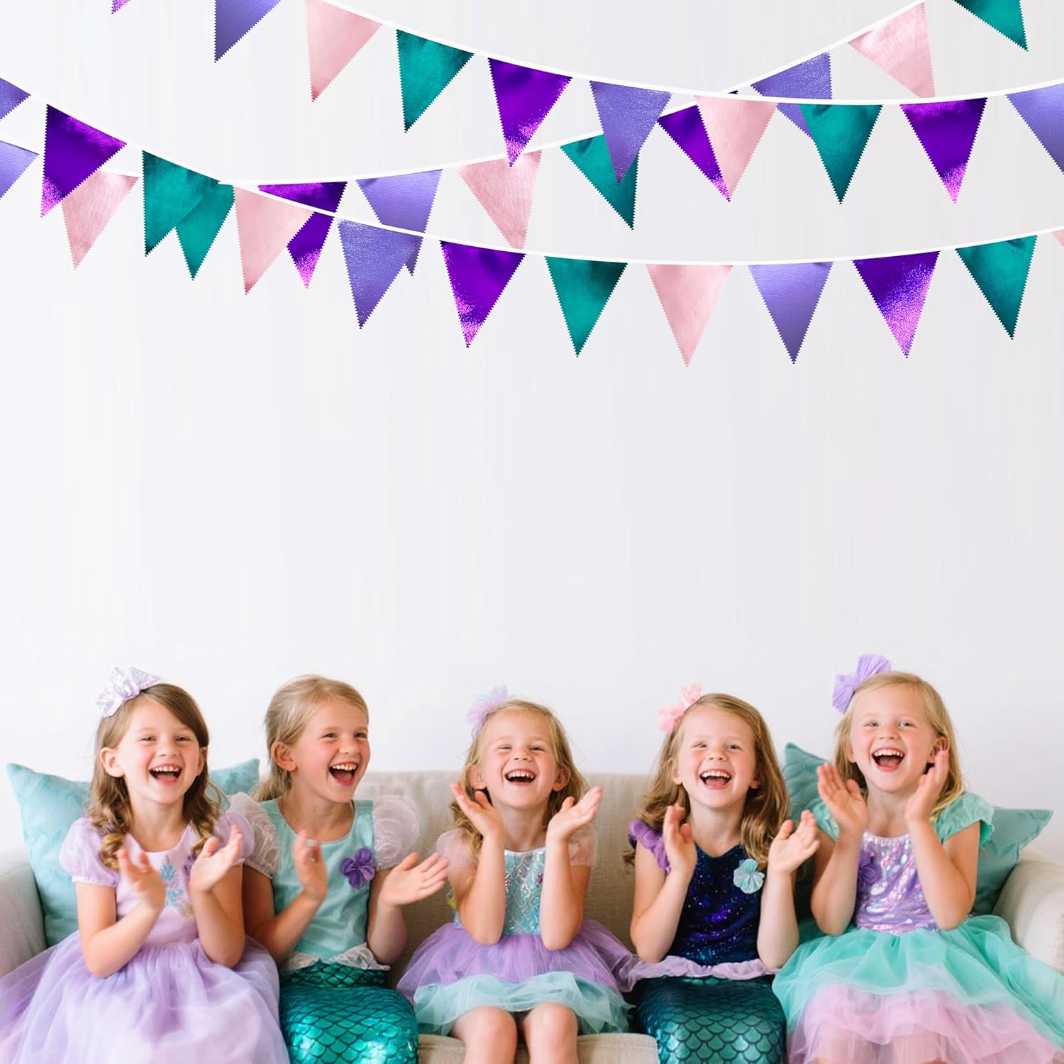 Mermaid Party Decorations Purple Pink and Teal Aqua Metallic Fabric Triangle Pennant Banner Flag
