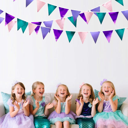 Mermaid Party Decorations Purple Pink and Teal Aqua Metallic Fabric Triangle Pennant Banner Flag