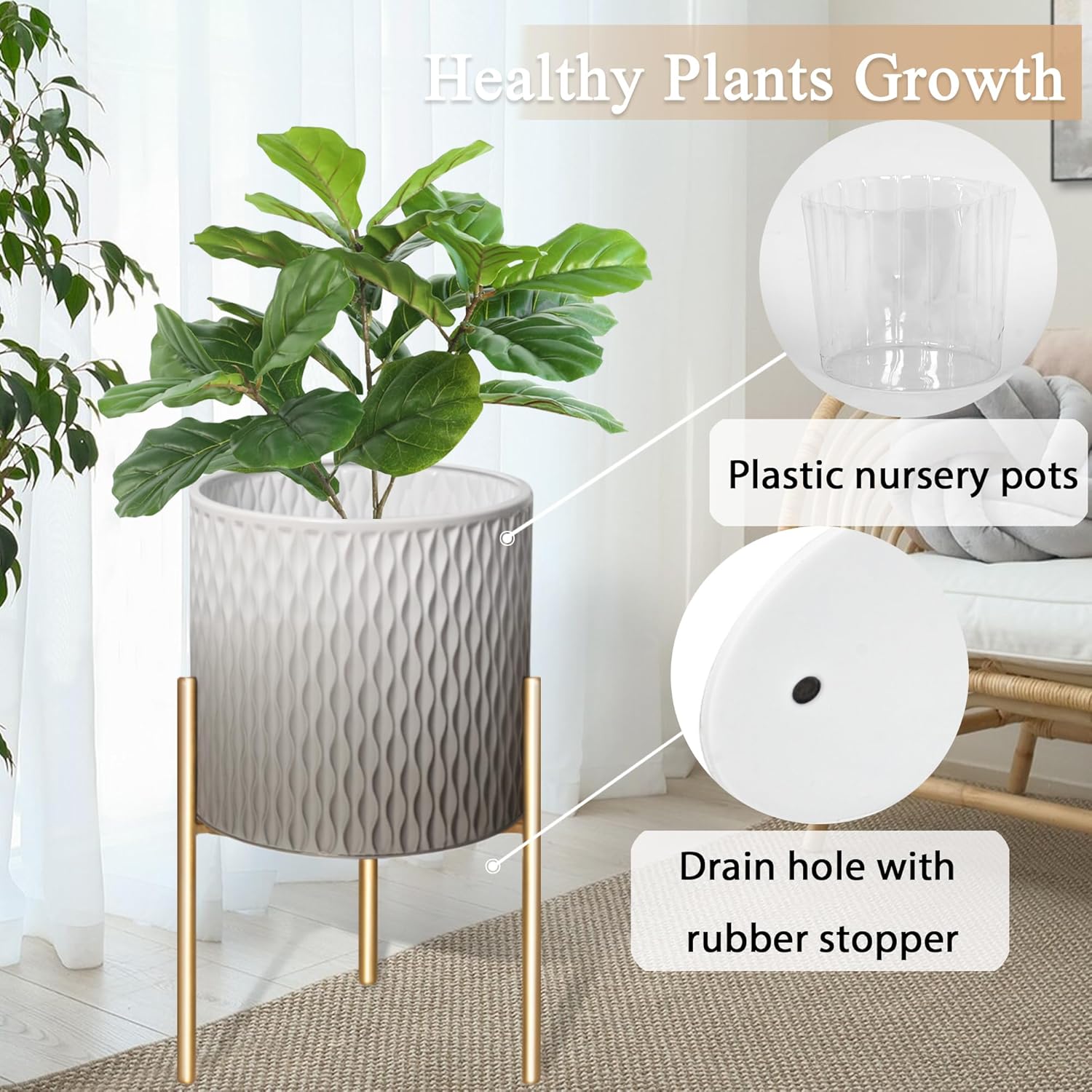 ARNIS Plants Pots with Stand,Set of 2 Flower Pots, Unique Mid Century Decorative Metal Flower Pots