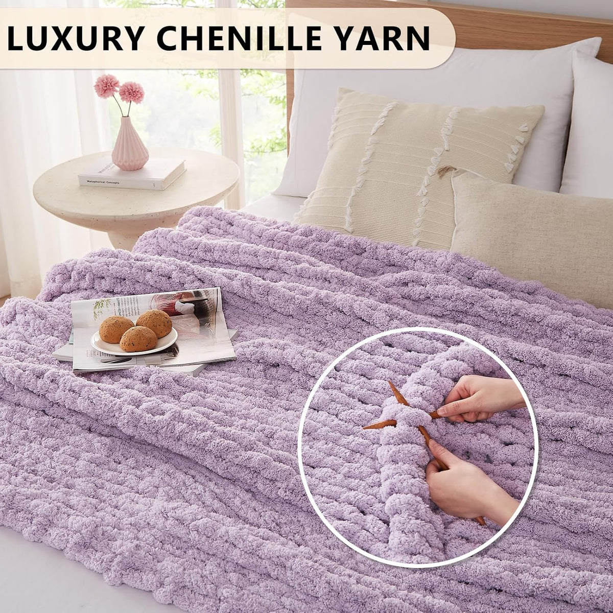 L'AGRATY Chunky Knit Blanket Throw - Soft Chenille Yarn Throw Blanket 40x50： Handmade Thick Cable