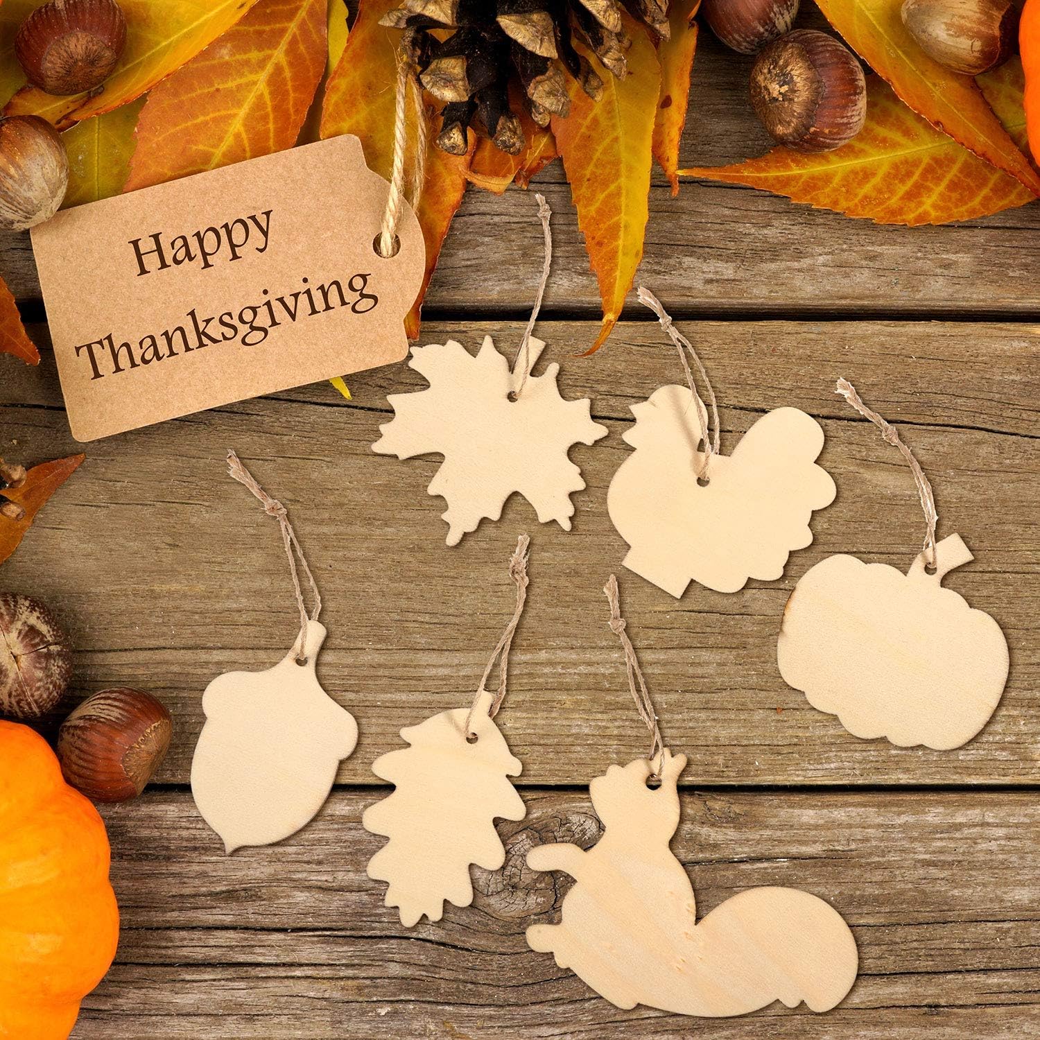 60 Pieces Fall Thanksgiving Unfinished Wooden Ornaments Maple Leaves Pumpkin Wood Cutout Squirrel