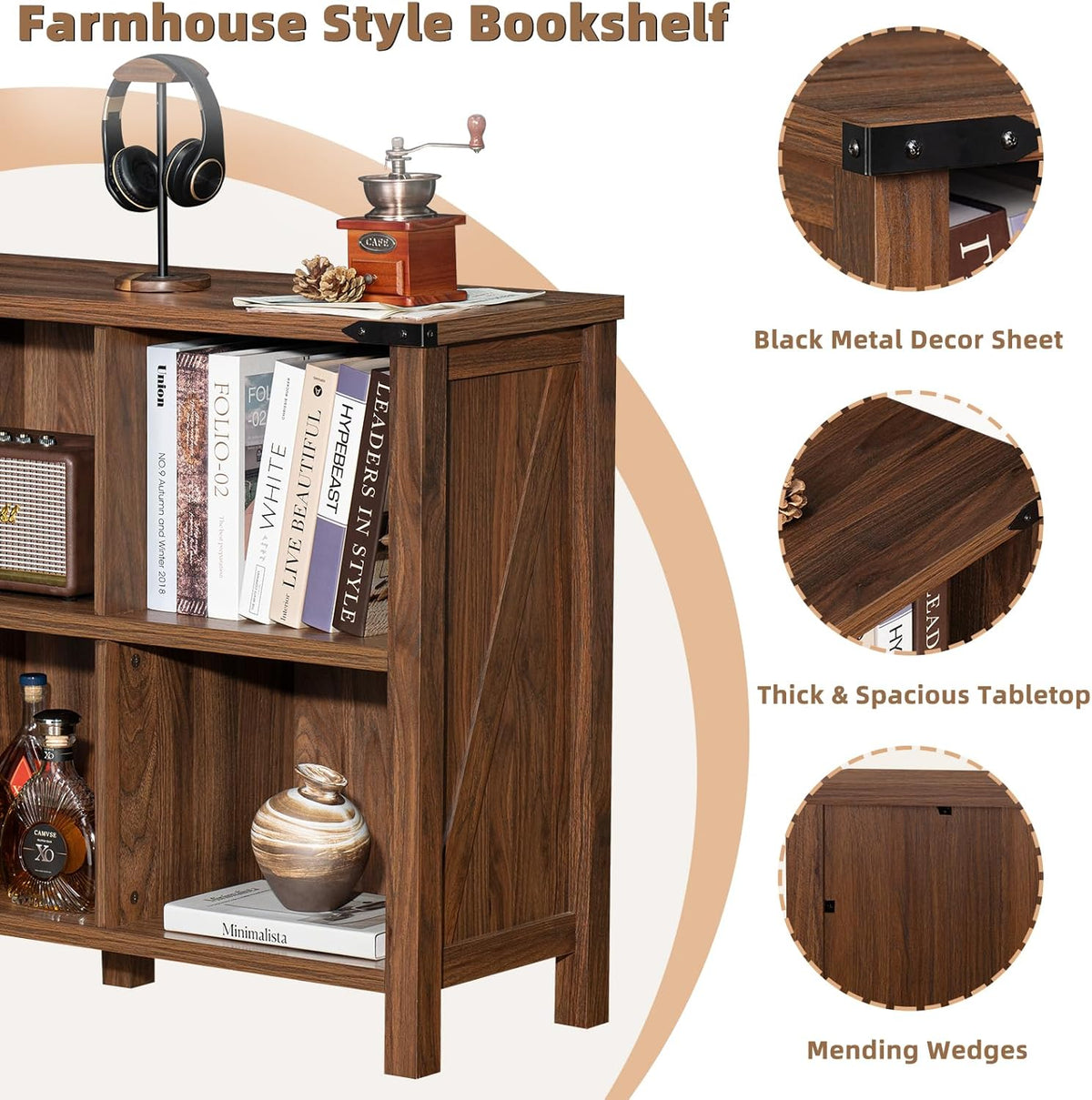 Farmhouse 6 Cube Book Shelf, Wood 3 Tier Storage Organizer Bookshelf, Brown Walnut 47" Horizontal