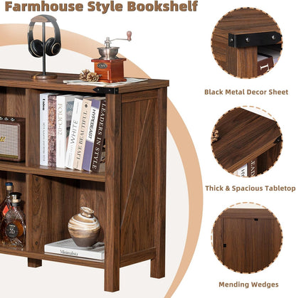 Farmhouse 6 Cube Book Shelf, Wood 3 Tier Storage Organizer Bookshelf, Brown Walnut 47" Horizontal
