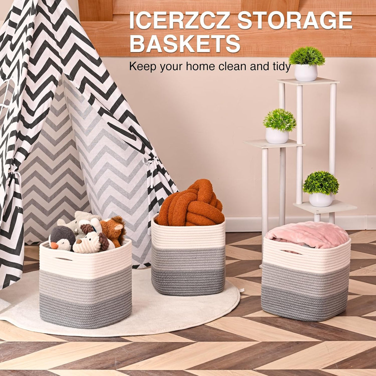 11 Inch Cube Storage Bins, Storage Cube Organizer Bins, Woven Cotton Rope Basket for Storage