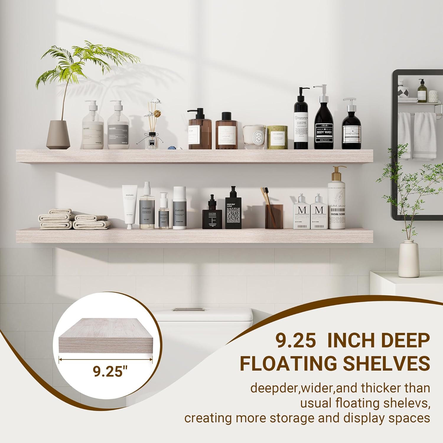 48 Inch Floating Shelves, 3D Textured Wood Grain, 48"x9.25"x1.5" Inch Deep Floating Shelves for