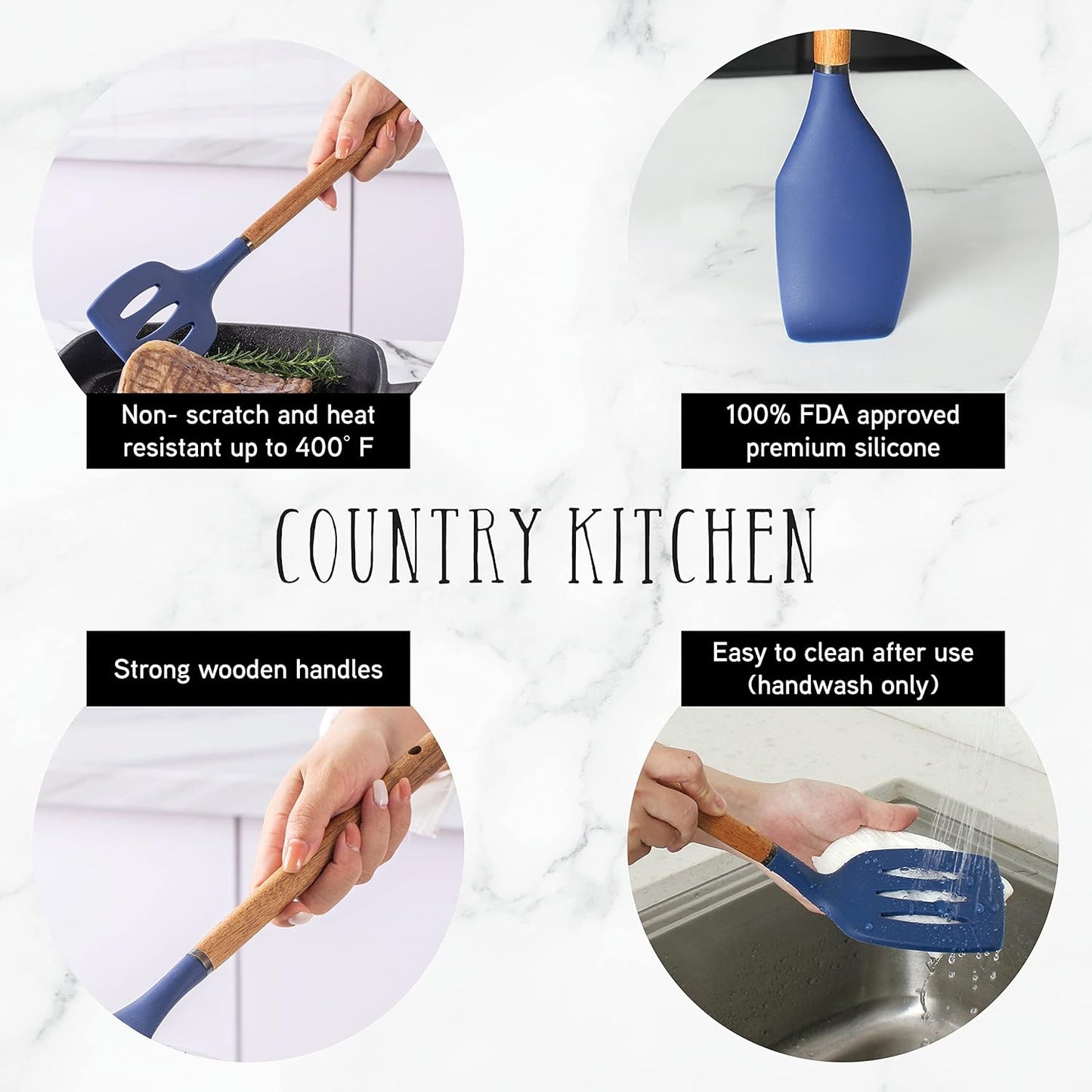 Country Kitchen Non Stick Silicone Utensil Set with Rounded Wood Handles for Cooking and Baking, 8