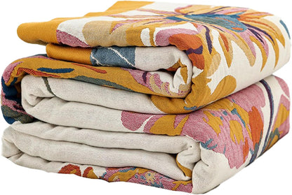 Boho Throw Blanket for Bed 80”x90”, 100% Cotton Woven Blanket for Couch Sofa, Ultra Soft 4-Layer