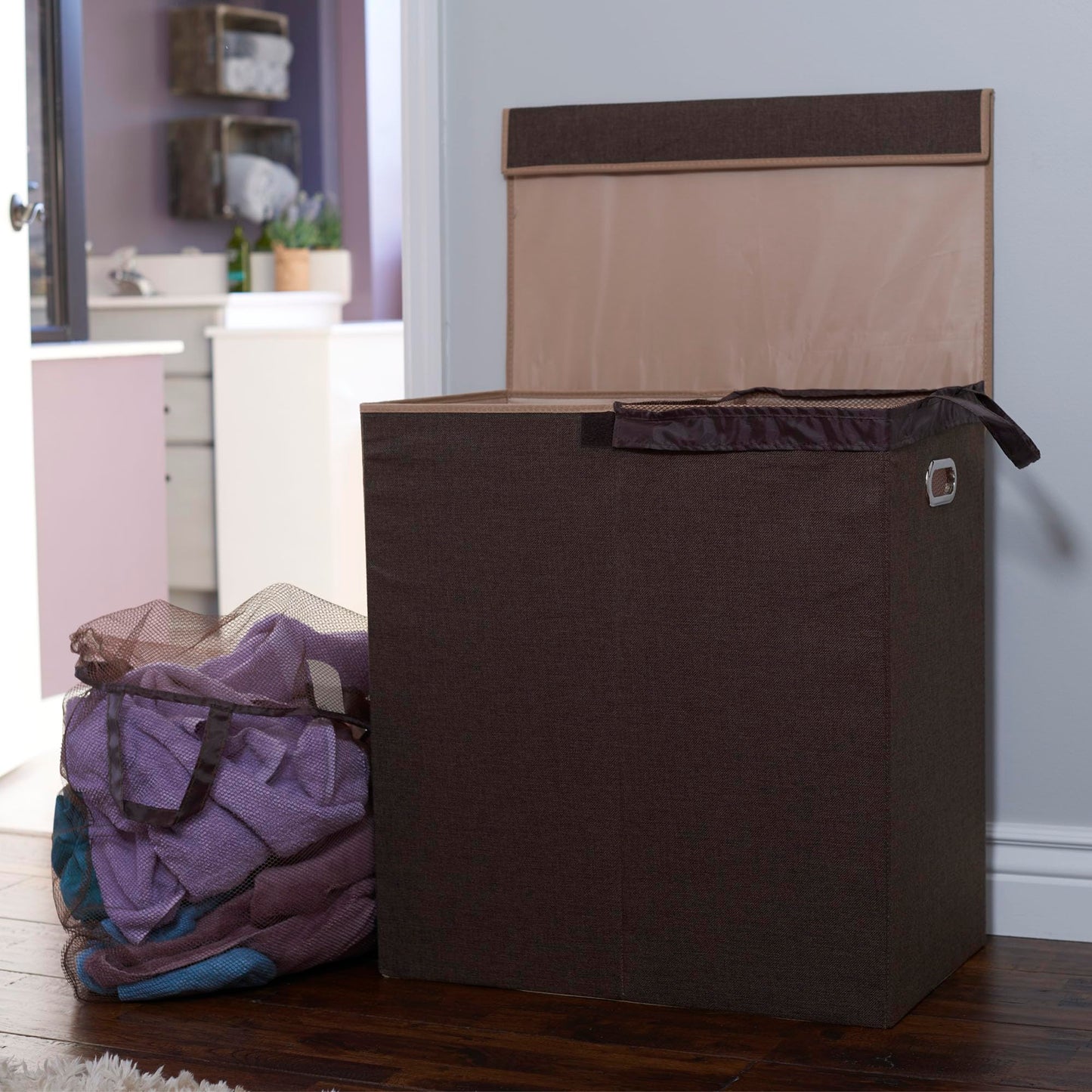 Household Essentials Collapsible Double Laundry Hamper with Lid, Two Compartments and Removable