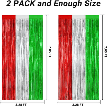 2 Pack Christmas Backdrop, 3.28 FT x 7.05 FT Red Silver Green Party Streamer, Metallic Xmas