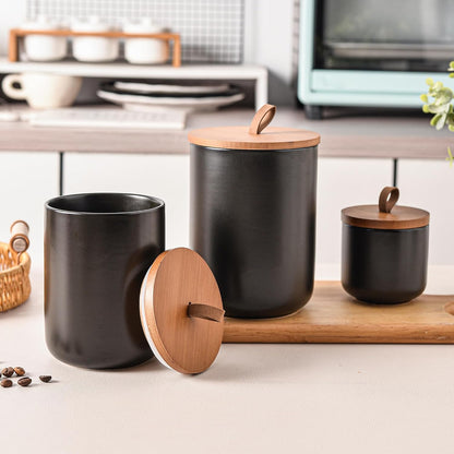 Black Ceramic Canister Set with Bamboo Lids, 3-Piece Airtight Food Storage Jars for Kitchen