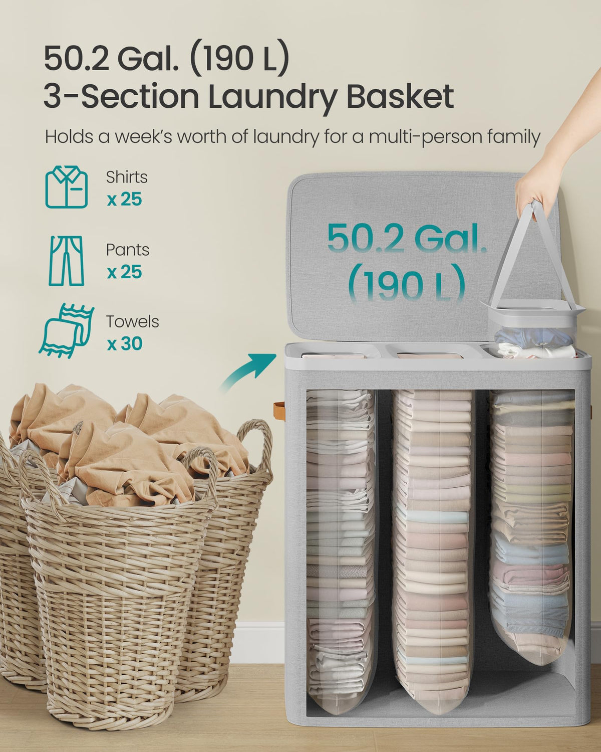 SONGMICS Laundry Basket, 50.2 Gal. Laundry Hamper, 3 Compartments, Easy Assembly, with Lid and