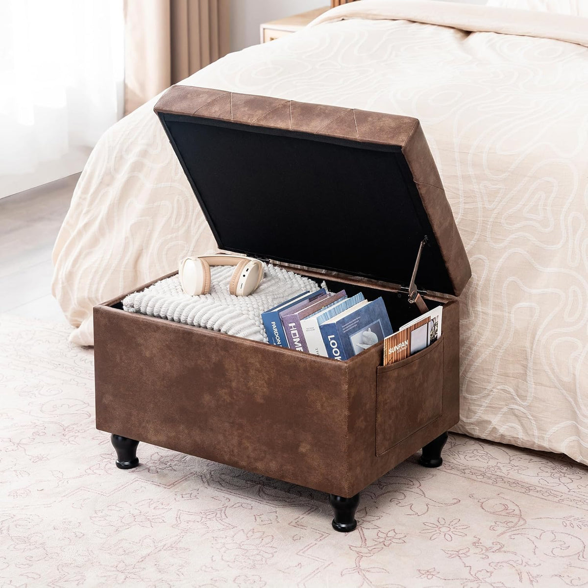 Leather Storage Ottoman Bench Rectangle 24 Inch Foot Rest Ottomans Stool for Living Room