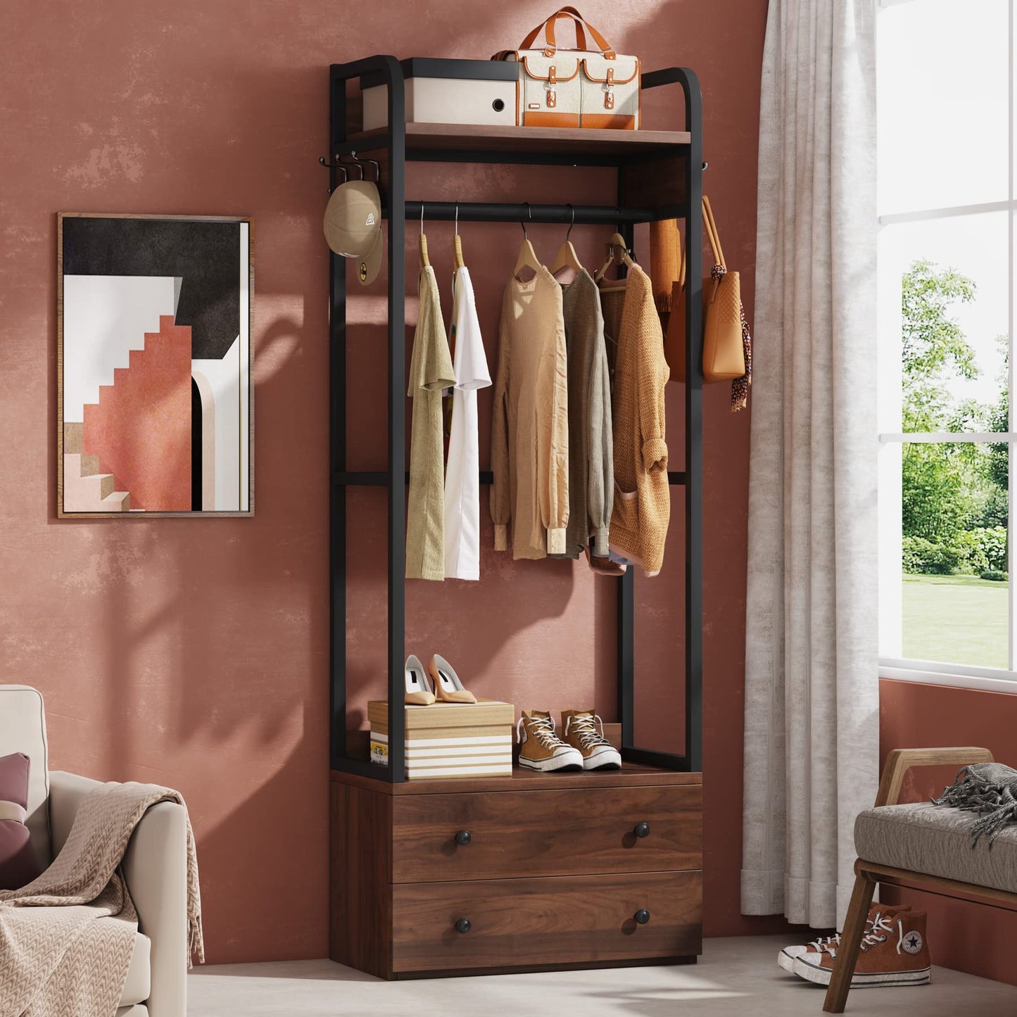 Tribesigns Freestanding Closet Organizer Small Clothes Rack Coat Rack with Drawers and Shelves