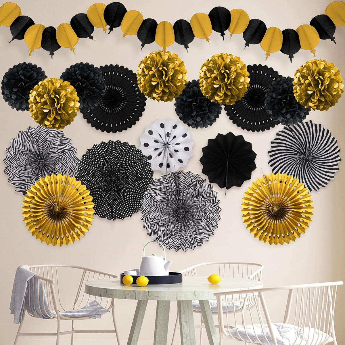 Black and Gold Decorations, Paper Pompoms Fan for Graduation Birthday Wedding Prom Night New Years