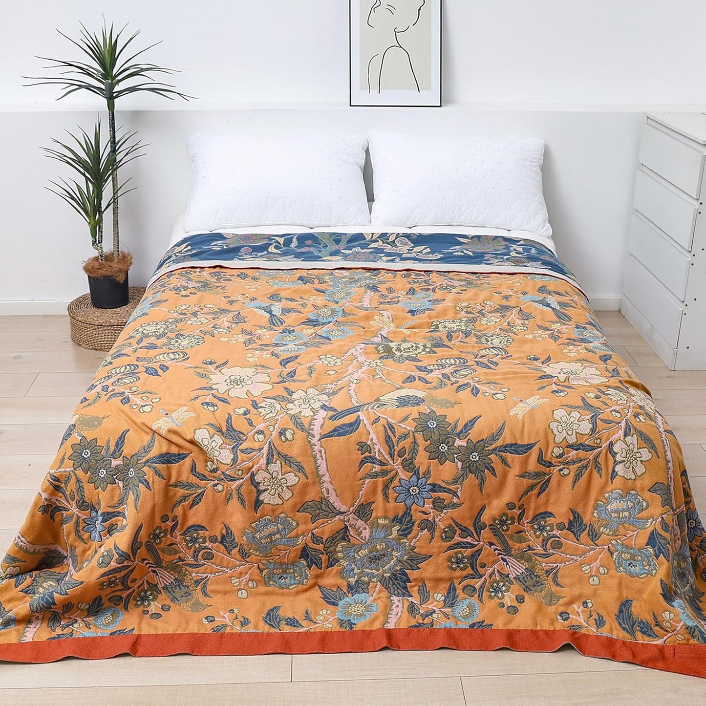 Snycler Boho Throw Blanket for Bed - 100% Cotton Ultra Soft Rustic Quilt Blanket Orange Bird Floral