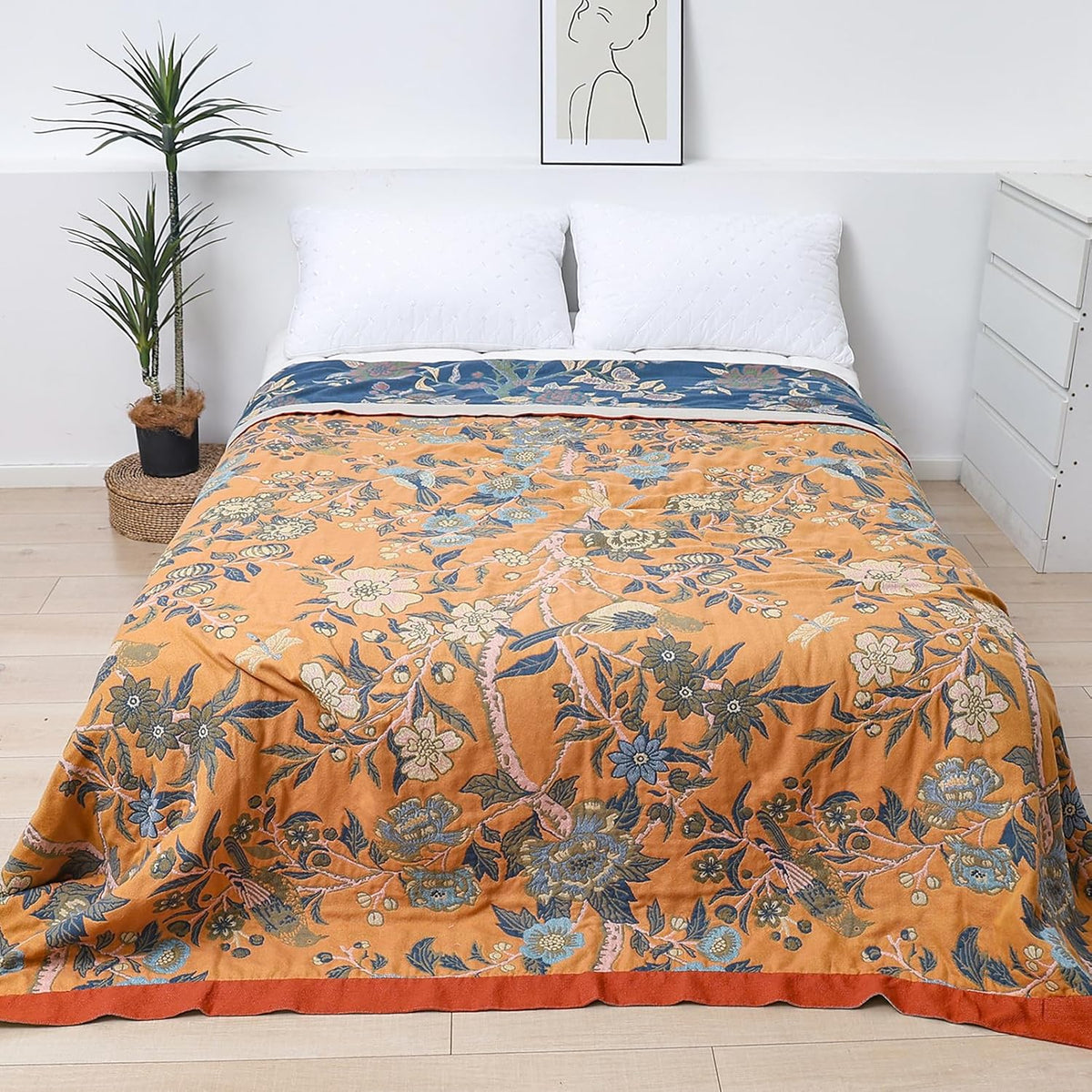Snycler Boho Throw Blanket for Bed - 100% Cotton Ultra Soft Rustic Quilt Blanket Orange Bird Floral