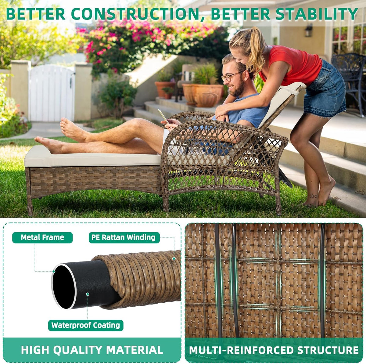 VIVIJASON Outdoor Wicker Chaise Lounge Chair, All-Weather PE Rattan Cushioned Patio Lounger Chair