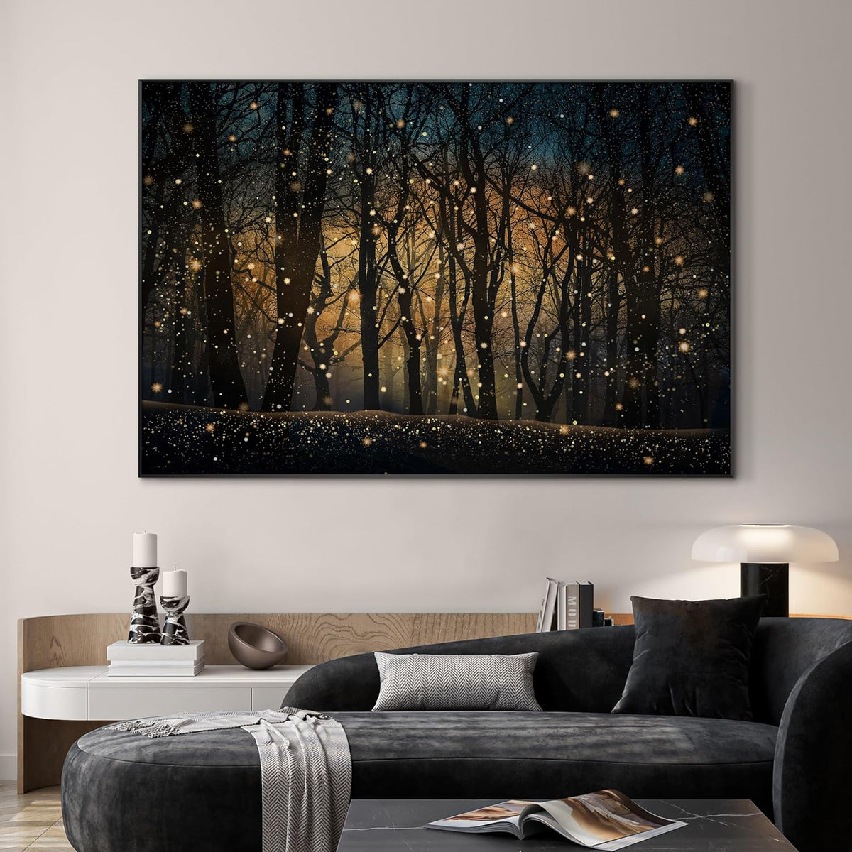 SIGNWIN 46"x72" Extra Large Framed Wall Art Magical Firefly Night Forest, Enchanted Woodland Scene