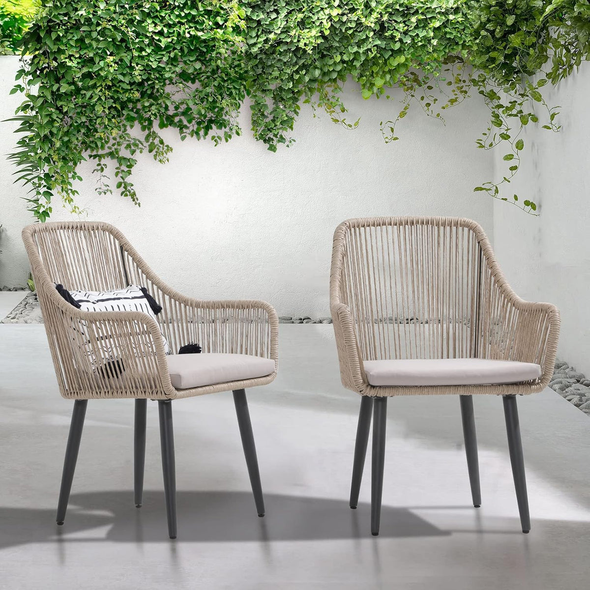Patiorama Outdoor Dining Chairs, Patio Dining Chair Set of 2, All-Weather Woven Rope Rattan Chairs