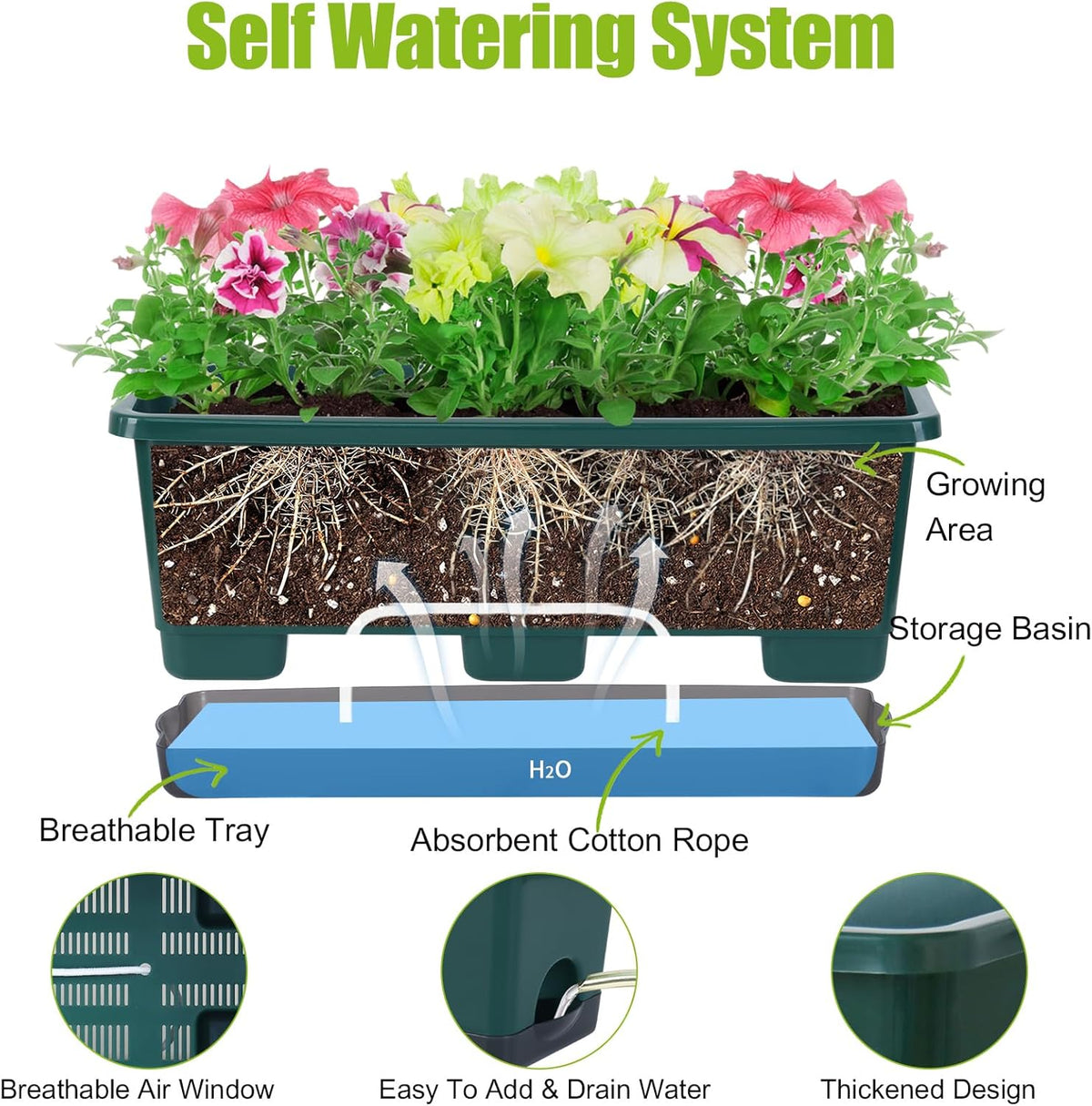 Window Box Planter 8 Pcs, 17 Inches Rectangle Flower Pots with Drainage Holes and Trays, Vegetable