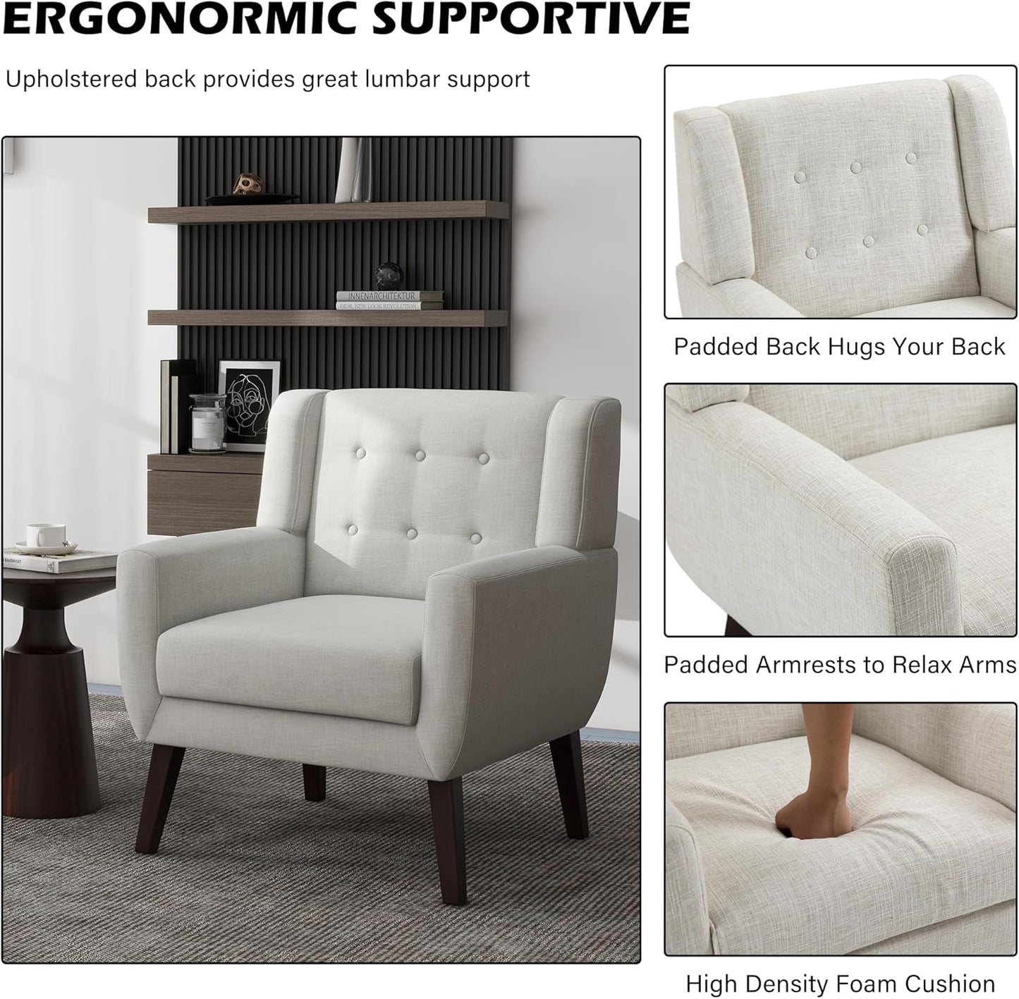 UIXE Accent Chair Modern Upholstered Armchair, Comfy Living Room Arm Chairs Mid Century Single Sofa