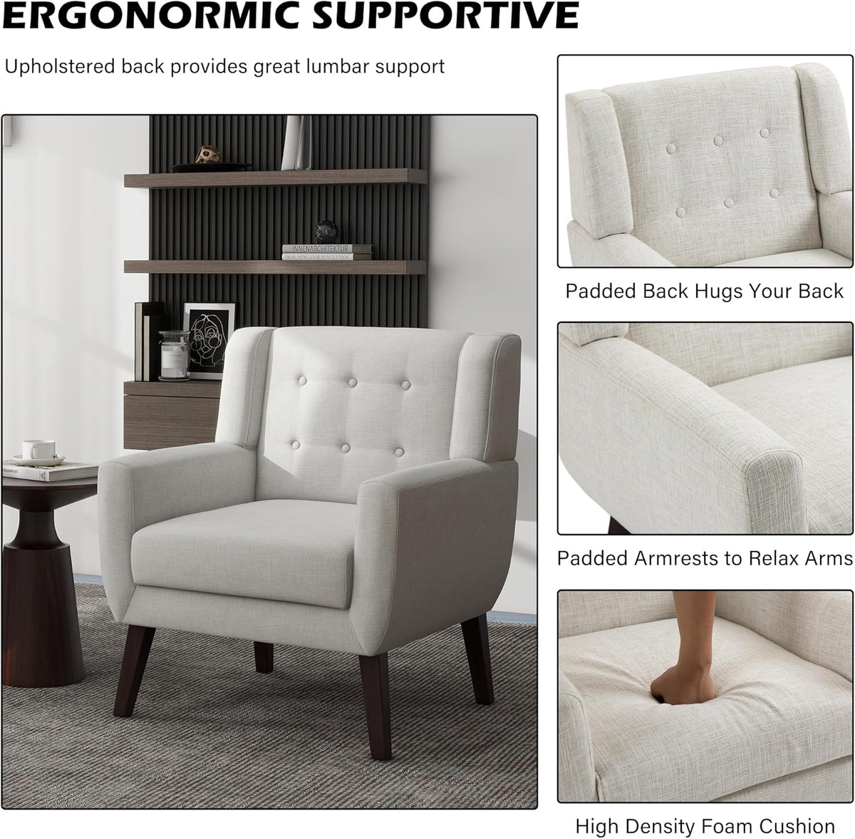 UIXE Accent Chair Modern Upholstered Armchair, Comfy Living Room Arm Chairs Mid Century Single Sofa