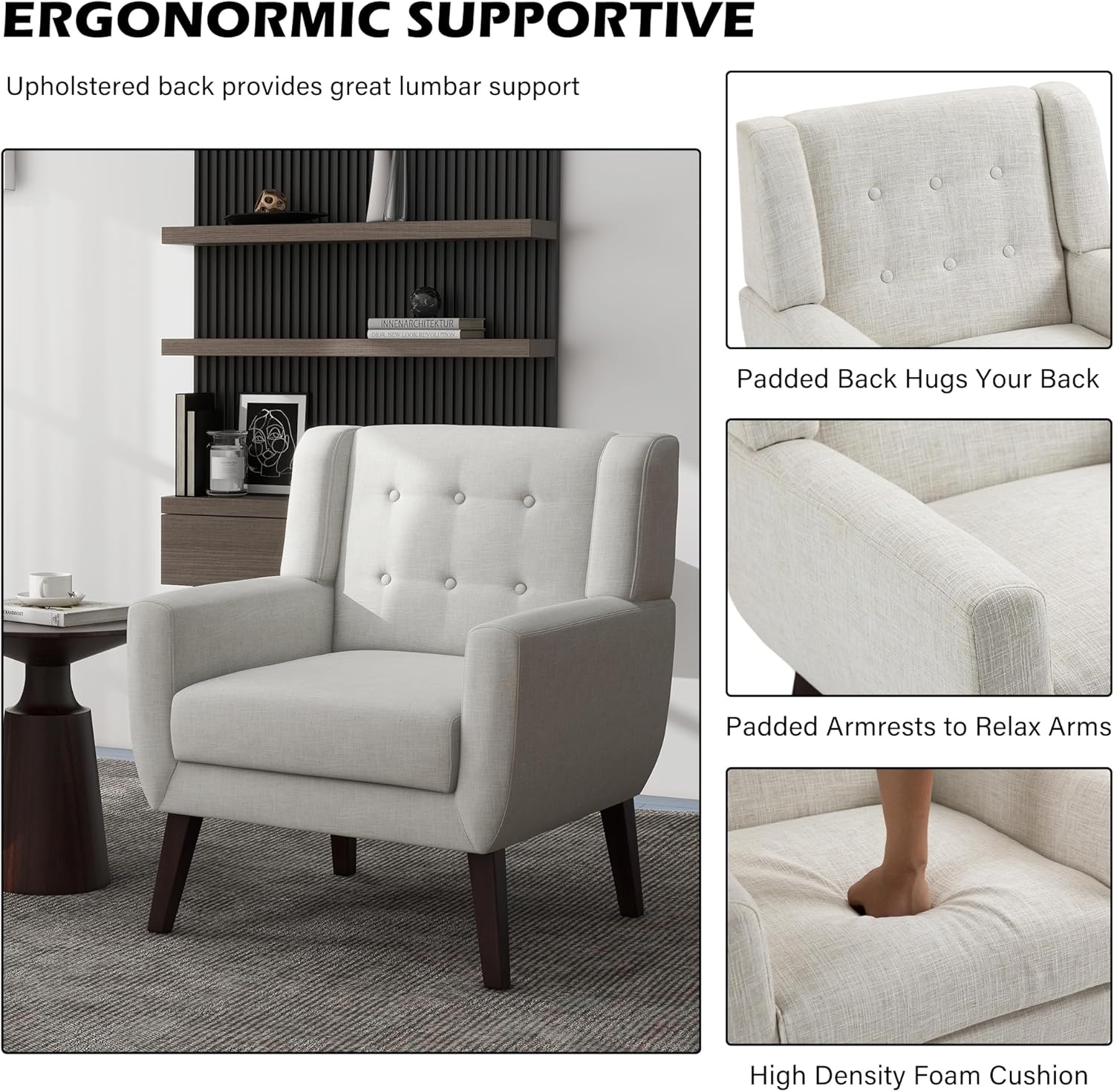 UIXE Accent Chair, Modern Upholstered Armchair in Fabric for Living Room, Comfy Club Arm Chairs
