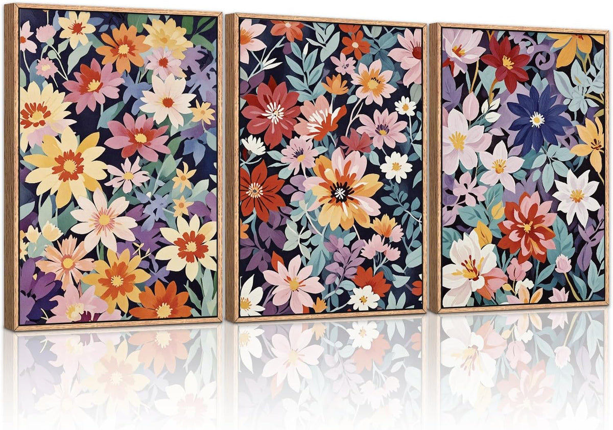 HLNIUC Boho Floral Framed Canvas Wall Art,Colorful Wildflower Landscape Wall Decor Set of