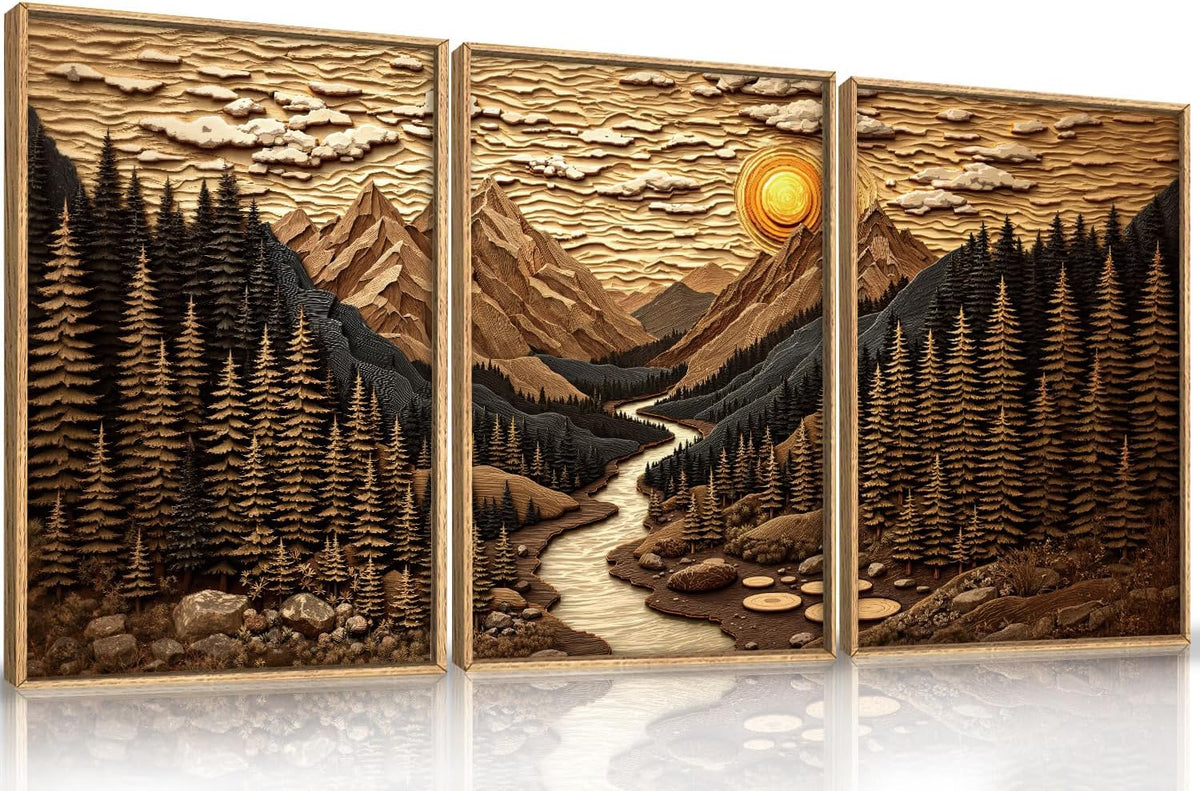 HPINUB Abstract Landscape Mountain Canvas Wall Art Set, Vibrant Sun Forest Pine Tree Wall Decor