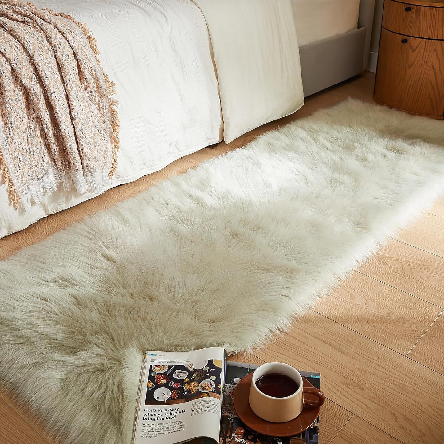 AMTOVO Faux Fur Rug, Light Grey Ultra Soft Fluffy Shag Sheepskin Rug, 2 x 6 ft Runner Area Rugs for
